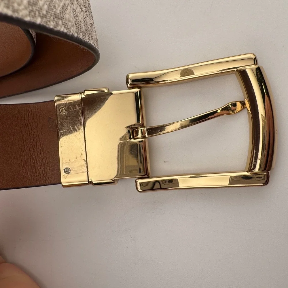 Michael Kors Reversible Belt 37.5' Vanilla Brown Good MK‎ Logo Gold Buckle